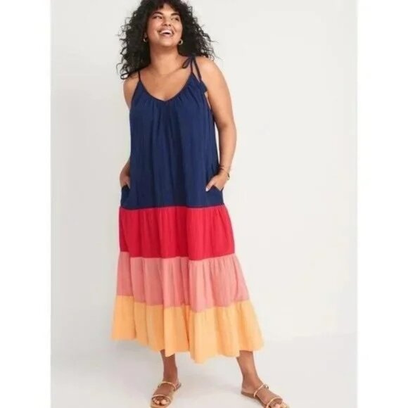 Old Navy Sleeveless Tasseled Navy Colorblock All-Day Maxi Swing Dress Size L NWT - Picture 1 of 10